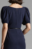 Navy Bodycon Midi Work Dress with Belt