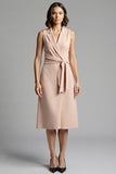 Champagne Notched Lapel Sheath Midi Work Dress with Sash