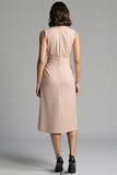 Champagne Notched Lapel Sheath Midi Work Dress with Sash