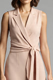 Champagne Notched Lapel Sheath Midi Work Dress with Sash