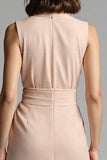Champagne Notched Lapel Sheath Midi Work Dress with Sash