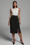 Ivory and Black Polka Dots Midi Work Dress with Slit