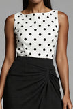 Ivory and Black Polka Dots Midi Work Dress with Slit