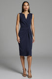 Navy Bodycon Ruched Midi Work Dress