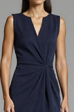 Navy Bodycon Ruched Midi Work Dress