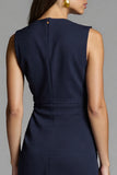 Navy Bodycon Ruched Midi Work Dress