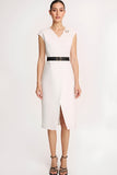 Ivory V-Neck Bodycon Midi Work Dress with Belt