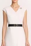 Ivory V-Neck Bodycon Midi Work Dress with Belt
