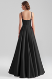 A-Line Spaghetti Straps Ruched Long Black Formal Dress