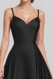A-Line Spaghetti Straps Ruched Long Black Formal Dress