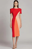 Red Bodycon Patchwork Midi Work Dress with Sleeves