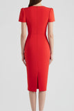 Red Bodycon Patchwork Midi Work Dress with Sleeves