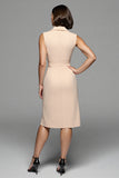 Champagne Notched Lapel Midi Work Dress with Sash