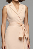 Champagne Notched Lapel Midi Work Dress with Sash
