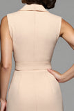 Champagne Notched Lapel Midi Work Dress with Sash