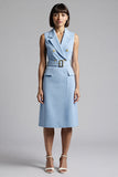 Sky Blue Sheath Notched Lapel Midi Work Dress with Belt