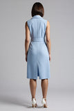 Sky Blue Sheath Notched Lapel Midi Work Dress with Belt