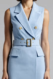Sky Blue Sheath Notched Lapel Midi Work Dress with Belt
