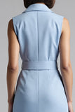 Sky Blue Sheath Notched Lapel Midi Work Dress with Belt