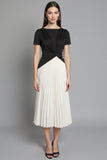 Ivory and Black Ruched Patchwork Long Work Dress with Pleats