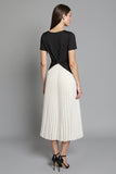 Ivory and Black Ruched Patchwork Long Work Dress with Pleats