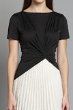 Ivory and Black Ruched Patchwork Long Work Dress with Pleats