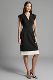 Black V-Neck Cap Sleeves Patchwork Midi Work Dress