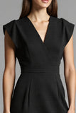Black V-Neck Cap Sleeves Patchwork Midi Work Dress