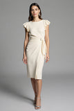 Ivory Bodycon Ruched Midi Work Dress with Sash