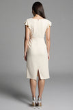 Ivory Bodycon Ruched Midi Work Dress with Sash