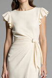 Ivory Bodycon Ruched Midi Work Dress with Sash