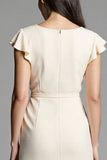 Ivory Bodycon Ruched Midi Work Dress with Sash