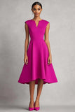 Simple Fuchsia A Line V Neck Midi Work Dress