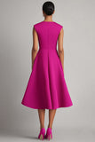 Simple Fuchsia A Line V Neck Midi Work Dress