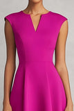 Simple Fuchsia A Line V Neck Midi Work Dress