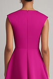 Simple Fuchsia A Line V Neck Midi Work Dress