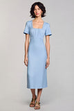 Sky Blue Sheath Square Neck Midi Work Dress