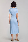 Sky Blue Sheath Square Neck Midi Work Dress