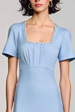 Sky Blue Sheath Square Neck Midi Work Dress