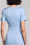 Sky Blue Sheath Square Neck Midi Work Dress