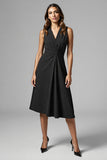 Black A Line V Neck Ruched Midi Work Dress