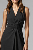 Black A Line V Neck Ruched Midi Work Dress