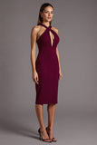 Burgundy Sheath Criss Cross Neck Cut Out Midi Formal Dress