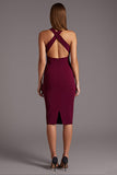 Burgundy Sheath Criss Cross Neck Cut Out Midi Formal Dress