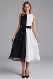 Black Boat Neck A Line Chiffon Midi Formal Dress