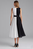 Black Boat Neck A Line Chiffon Midi Formal Dress