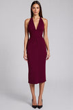 Burgundy Sheath Halter Midi Formal Dress with Slit