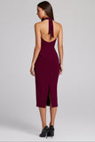 Burgundy Sheath Halter Midi Formal Dress with Slit