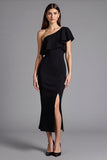 Black One Shoulder Sheath Ruffled Long Formal Dress