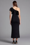 Black One Shoulder Sheath Ruffled Long Formal Dress